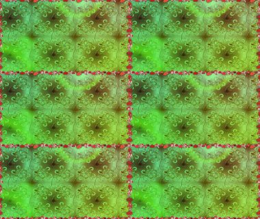 Raster illüstrasyonu. Yaprak ve çiçeklerin suluboya resmi, yeşil ve kahverengi renklerde pürüzsüz desen. Yeşil ve kahverengi renklerde bahar çiçekleri..