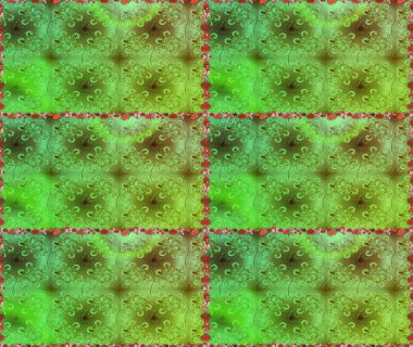 Raster illüstrasyonu. Yaprak ve çiçeklerin suluboya resmi, yeşil ve kahverengi renklerde pürüzsüz desen. Yeşil ve kahverengi renklerde bahar çiçekleri..