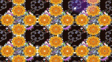 Raster. Güzel suluboya çiçekler, parlak tablolar ilham verici ve sarı çiçek desenli kusursuz arka plan..