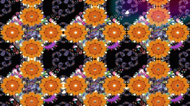 Raster illüstrasyonu. Raster illüstrasyonu. Asya tekstil tarzında. Turuncu renkli çiçekler. Çiçek desenini çiz.