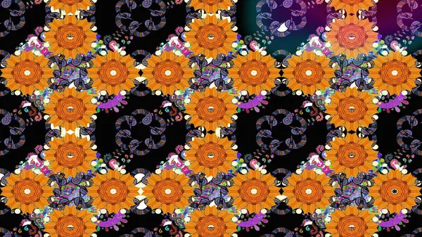 Raster illüstrasyonu. Raster illüstrasyonu. Asya tekstil tarzında. Turuncu renkli çiçekler. Çiçek desenini çiz.