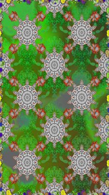 Raster illüstrasyonu. Yeşil ve gri renklere karalamalar çizen kusursuz çiçek deseni.