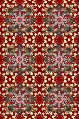 Kırmızı, kahverengi ve bej renklerde altın bir element. Damask arkaplanı. Altın çiçekli, pürüzsüz desen. Barok tarzında altın çiçekli süs..