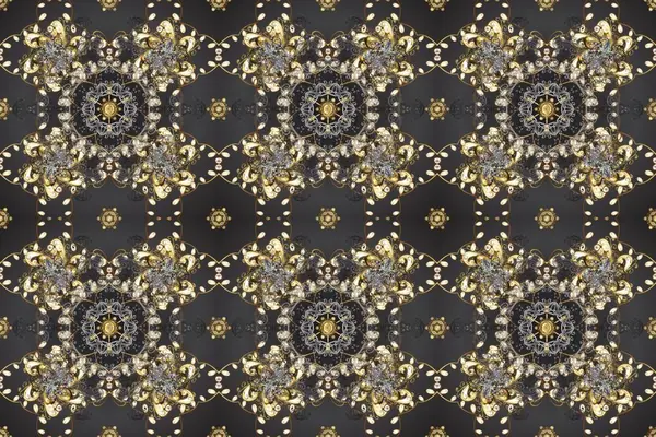 Altın karalama fantezi yapraklarından Raster soyut çiçek çelengi ve gri, kahverengi ve bej renkli bir çiçek. El yapımı dekoratif çerçeve, albüm kapağı, tebrik kartı, klasik Art deco tarzı.