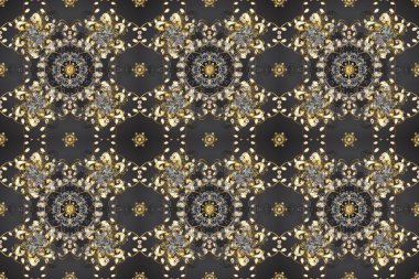 Altın karalama fantezi yapraklarından Raster soyut çiçek çelengi ve gri, kahverengi ve bej renkli bir çiçek. El yapımı dekoratif çerçeve, albüm kapağı, tebrik kartı, klasik Art deco tarzı.