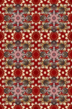 Kırmızı, kahverengi ve bej renklerde altın bir element. Damask arkaplanı. Altın çiçekli, pürüzsüz desen. Barok tarzında altın çiçekli süs..