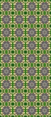 Damask pürüzsüz süsü. Geleneksel raster ve altın desen. Klasik oryantal desen yeşil, gri ve bej renkler üzerine.