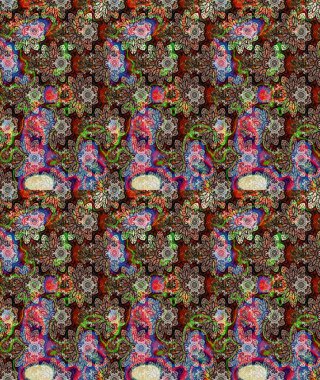 Raster illüstrasyonu. Şirin çiçekli eskiz deseni ve kahverengi renkli yapraklar, suluboya çiçek deseni, duvar kağıdı, kart veya kumaş için fayanslı.