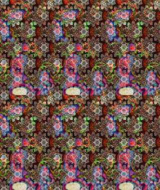 Raster illüstrasyonu. Şirin çiçekli eskiz deseni ve kahverengi renkli yapraklar, suluboya çiçek deseni, duvar kağıdı, kart veya kumaş için fayanslı.