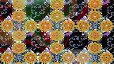 Raster - stok. Yapraklı çiçekler ve sarı ve tarafsız renklerde papatya çiçekleri. Kusursuz arkaplan deseni.