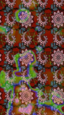 Çiçekli el çizimi çizimi deseni. Modern gelişim kahverengi ve yeşil raster arkaplan duvar kağıdı resimleme klasik çizgili iz sürme desenli çiçekler, çiçekli süsler.