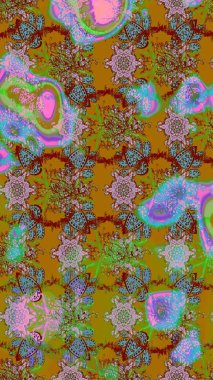 Raster illüstrasyonu. Kumaş, tekstil, duvar kağıdı baskısı için. Eskiz geçmişi. Eski usul. Renkli desenli eskiz deseni, yeşil ve kahverengi çiçekler ve dekoratif elementler.