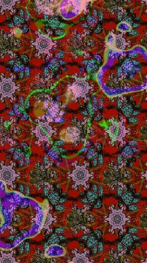 Kahverengi ve kırmızı kıvırcık çiçekler kahverengi ve kırmızı renklerde şekillenir. Raster illüstrasyonu. Klasik çiçek tasarım elementleri.