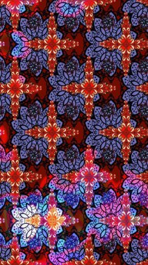 Soyut etnik raster çizim kalıbı. Arkaplan dokusu, duvar kağıdı, mor ve kırmızı renkli çiçek teması. Kabile sanatı boho baskısı, klasik çiçek arkaplanı.