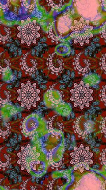 Raster Çiçek İllüstrasyonu 'nun şirin tekstili. Yeşil ve kahverengi renkli etnik çiçeklerle zarif eskiz deseni.