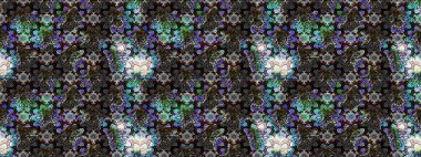 Modern çiçek arkaplanı. Parlak renkli çiçekli ve siyah yapraklı harika bir çiçek deseni. Moda baskıları için zarif bir şablon. Halk stili.