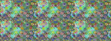 Raster Illustrasyon 'da moda olmayan çiçek deseni. Yeşil ve mavi renkte çiçekler. Renkli Yaz Temalı Kusursuz Arkaplan. Düz Çiçek Elementleri Tasarımı.