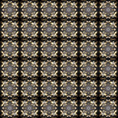 Raster illüstrasyonu. Altın şablon. Kusursuz desenli altın elementler. Gri, kahverengi ve bej renklerde kraliyet retro 'su. Kart, duvar kağıdı, ambalaj ve tekstil için klasik tasarım. Çiçeksel klasik doku.