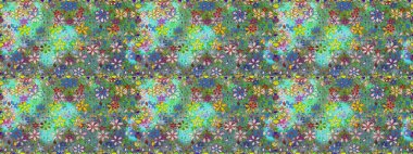 Raster Illustrasyon 'da moda olmayan çiçek deseni. Yeşil ve mavi renkte çiçekler. Renkli Yaz Temalı Kusursuz Arkaplan. Düz Çiçek Elementleri Tasarımı.