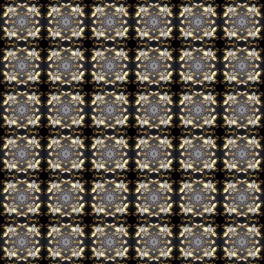 Raster illüstrasyonu. Altın şablon. Kusursuz desenli altın elementler. Gri, kahverengi ve bej renklerde kraliyet retro 'su. Kart, duvar kağıdı, ambalaj ve tekstil için klasik tasarım. Çiçeksel klasik doku.