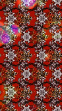 Raster illüstrasyonu. Suluboya çiçekli çiçek deseni. Kahverengi, kırmızı ve nötr renklerde Asya tekstili.