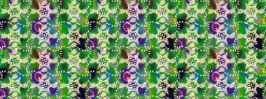 El çizimi çiçek unsurları olan soyut çizim raster deseni. Çiçekli ipek eşarp. Yeşil yeşile. Retro tekstil tasarım koleksiyonu. 1950 'ler-1960' lar motifleri.