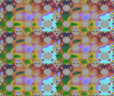 Kusursuz bir arka plan modeli. Raster - stok. Yapraklı çiçekler ve kır ve kahverengi renkli papatya çiçekleri..