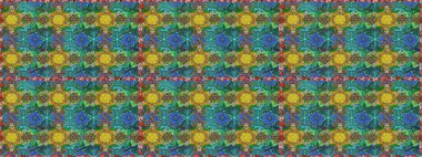 Mavi ve yeşil renklerde etnik çiçeklerle kusursuz bir desen. Asya Tekstil 'inde Raster Çiçek İllüstrasyonu.
