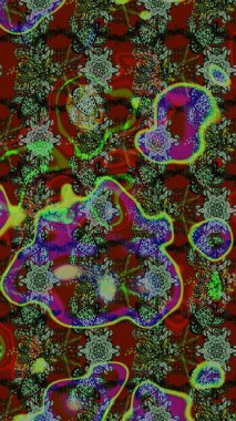 Kibar, bahar çiçekleri yeşil ve kırmızı renklerde. Raster illüstrasyonu. Patlayan çiçekler soyut olarak yerleştirilmiş. Raster deseni.