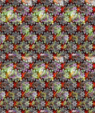 Suluboya elle çizilmiş çiçek desenli eskiz deseni. Parlak renkli fantezi çiçekleri, yapraklar, gri renkli tomurcuklar.