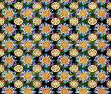 Moda baskıları için zarif bir şablon. Halk tarzı. Parlak renkli çiçekli ve yeşil yapraklı harika bir çiçek deseni. Modern çiçek arkaplanı.