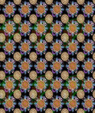 Küçük çiçekteki sevimli çiçek deseni. Varicoloblack ve kahverengi raster pürüzsüz illüstrasyon. Birçok siyah ve kahverengi soyut çiçekli tropik, pürüzsüz bir desen..