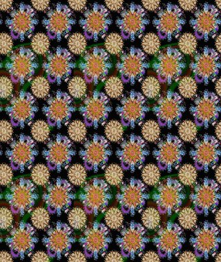 Küçük çiçekteki sevimli çiçek deseni. Varicoloblack ve kahverengi raster pürüzsüz illüstrasyon. Birçok siyah ve kahverengi soyut çiçekli tropik, pürüzsüz bir desen..