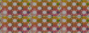 Eski usul. Renkli şal desenli, kahverengi ve gri çiçekli ve dekoratif elementli kusursuz desen. Raster illüstrasyonu. Kumaş, tekstil, duvar kağıdı baskısı için. Kusursuz arkaplan.