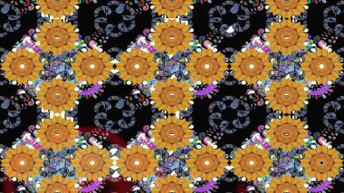 Şirin çiçekli eskiz deseni ve siyah renkli yapraklar, suluboya çiçek deseni, duvar kağıdı, kart veya kumaş için fayanslı. Raster illüstrasyonu.