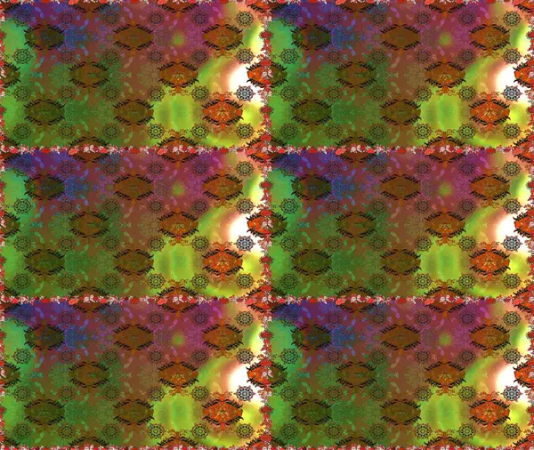 Çiçekli, suluboya desenli kusursuz çiçek deseni. Kahverengi ve yeşil renkte çiçekler. Renkli Bahar Temalı, pürüzsüz bir arka plan. Düz Çiçek Elementleri Tasarım Raster illüstrasyonu.