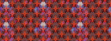 Kumaş, tekstil, duvar kağıdı baskısı için. Renkli desenli eskiz deseni, kırmızı çiçekler ve dekoratif elementlerle. Eski usul. Raster illüstrasyonu. Taslak arkaplan.