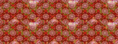 Kabile sanatı boho baskısı, klasik çiçek arkaplanı. Soyut etnik raster kusursuz desen. Arkaplan dokusu, duvar kağıdı, kırmızı ve kahverengi renkli çiçek teması.