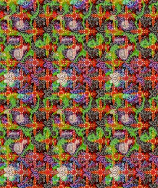 Raster illüstrasyonu. Şirin çiçekli eskiz deseni ve yeşil renkli yapraklar, suluboya çiçek deseni, duvar kağıdı, kart veya kumaş için fayanslı.