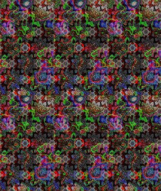 Desen, çizim, çiçek sınırı. Kıvırcık, parlak örgü. Çiçek çelengi. Eski moda arka plan. Güzel, parlak, pürüzsüz kumaş, tuval. Raster illüstrasyonu.