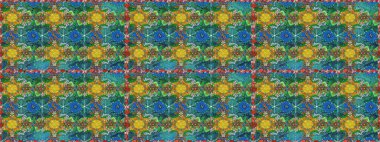 Renkli Yaz Temalı Kusursuz Arkaplan. Çiçekli kusursuz retro desen. Yeşil ve mavi renkte çiçekler. Düz Çiçek Elementleri Tasarımı.