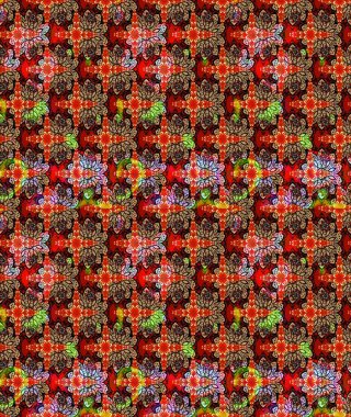 Moda baskıları için zarif bir şablon. Parlak renkli çiçekli ve kırmızı yapraklı harika bir çiçek deseni. Modern çiçek arkaplanı. Halk stili.