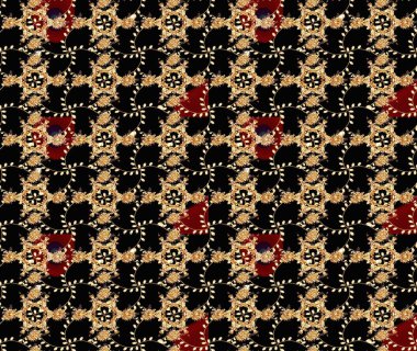 Raster illüstrasyonu. Siyah, bej ve kahverengi kıvırcık çiçekler siyah, bej ve kahverengi renklerde şekillenir. Klasik çiçek tasarım elementleri.