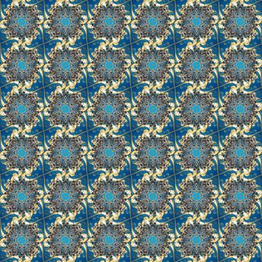 Tekrarlayan elementlerle kusursuz soyut arkaplan. Klasik raster şablonu. Gri, bej, mavi ve altın desenli.