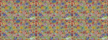 El çizimi çiçekli, pürüzsüz bir desen. Tekstil, kumaş, ambalaj, hatıra defteri için hoş bir çiçek arkaplanı. Çocuksu tasarım. Tarafsız ve yeşil arkaplanda.