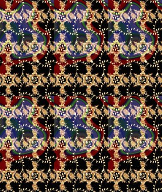 Tekstil için suluboya eskiz deseni. Şirin çiçekli, desenli, siyah renkli renkli bir eskiz. El çizimi çiçek çizimi deseni (fayans)).