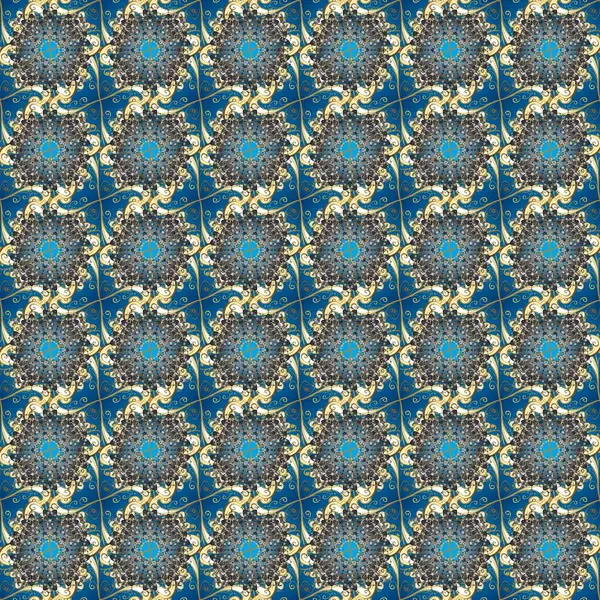 Tekrarlayan elementlerle kusursuz soyut arkaplan. Klasik raster şablonu. Gri, bej, mavi ve altın desenli.