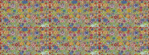 El çizimi çiçekli, pürüzsüz bir desen. Tekstil, kumaş, ambalaj, hatıra defteri için hoş bir çiçek arkaplanı. Çocuksu tasarım. Tarafsız ve yeşil arkaplanda.