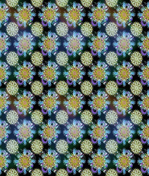 Renkli mavi ve tarafsız bir desen. Mavi ve nötr renklerde çiçekler. El çizimi dikişsiz sonbahar çiçekleri deseni. Tekstil ve kapak tasarımı için mükemmel. Doodle tarzı.