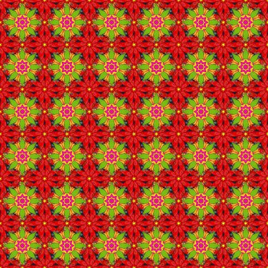 Tropik, dikişsiz çiçek deseni. Yeşil, sarı ve kırmızı renkte çiçekler. Raster illüstrasyonu.